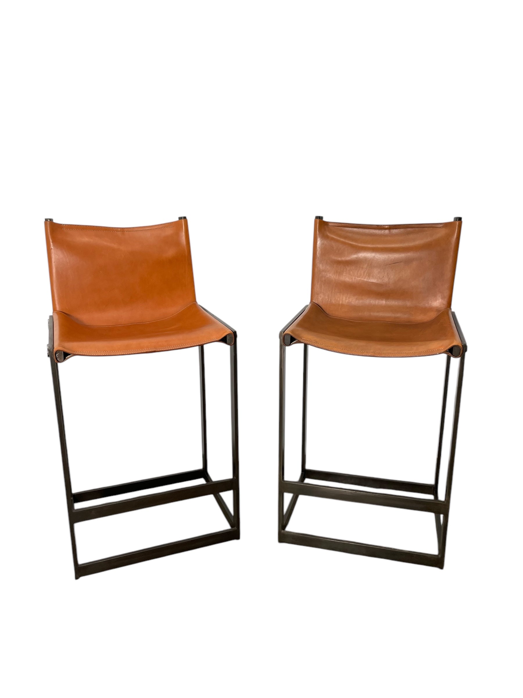Pair of Limited Edition Saddle Leather Bar Stools