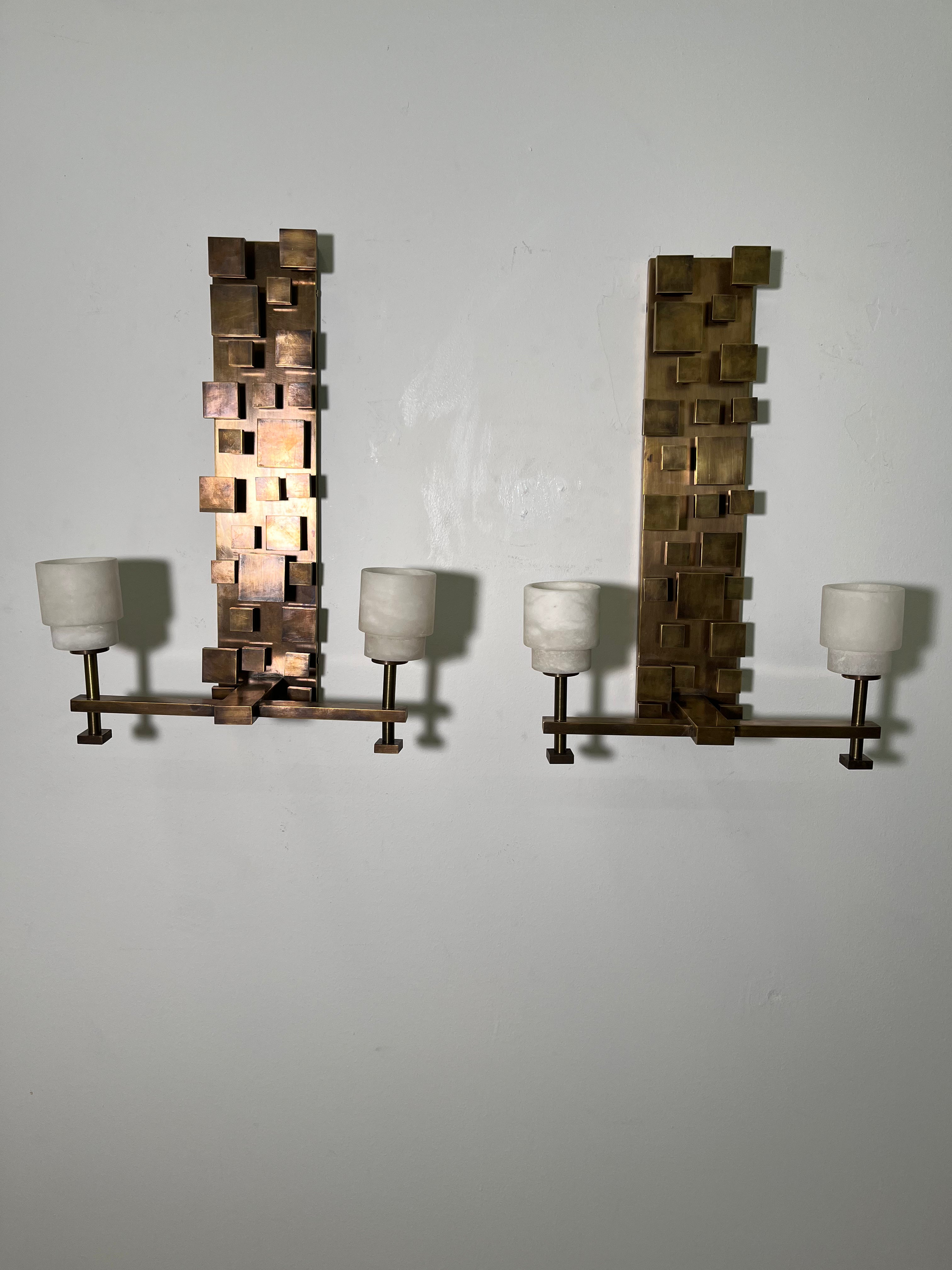 Pair of Limited Edition Bronze Modernist Sconces