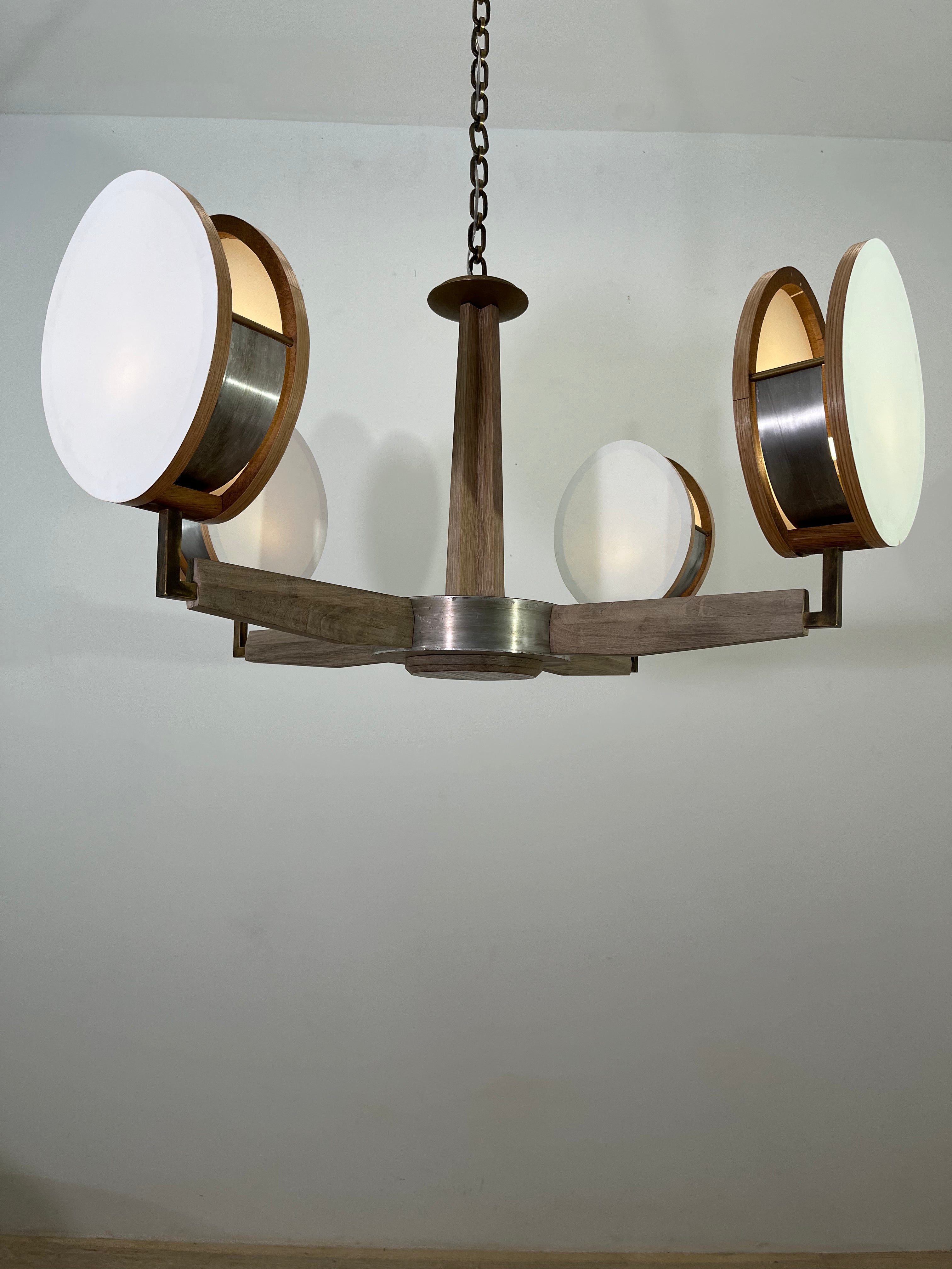 Limited Edition Walnut, Brass and Patinated Aluminum Chandelier