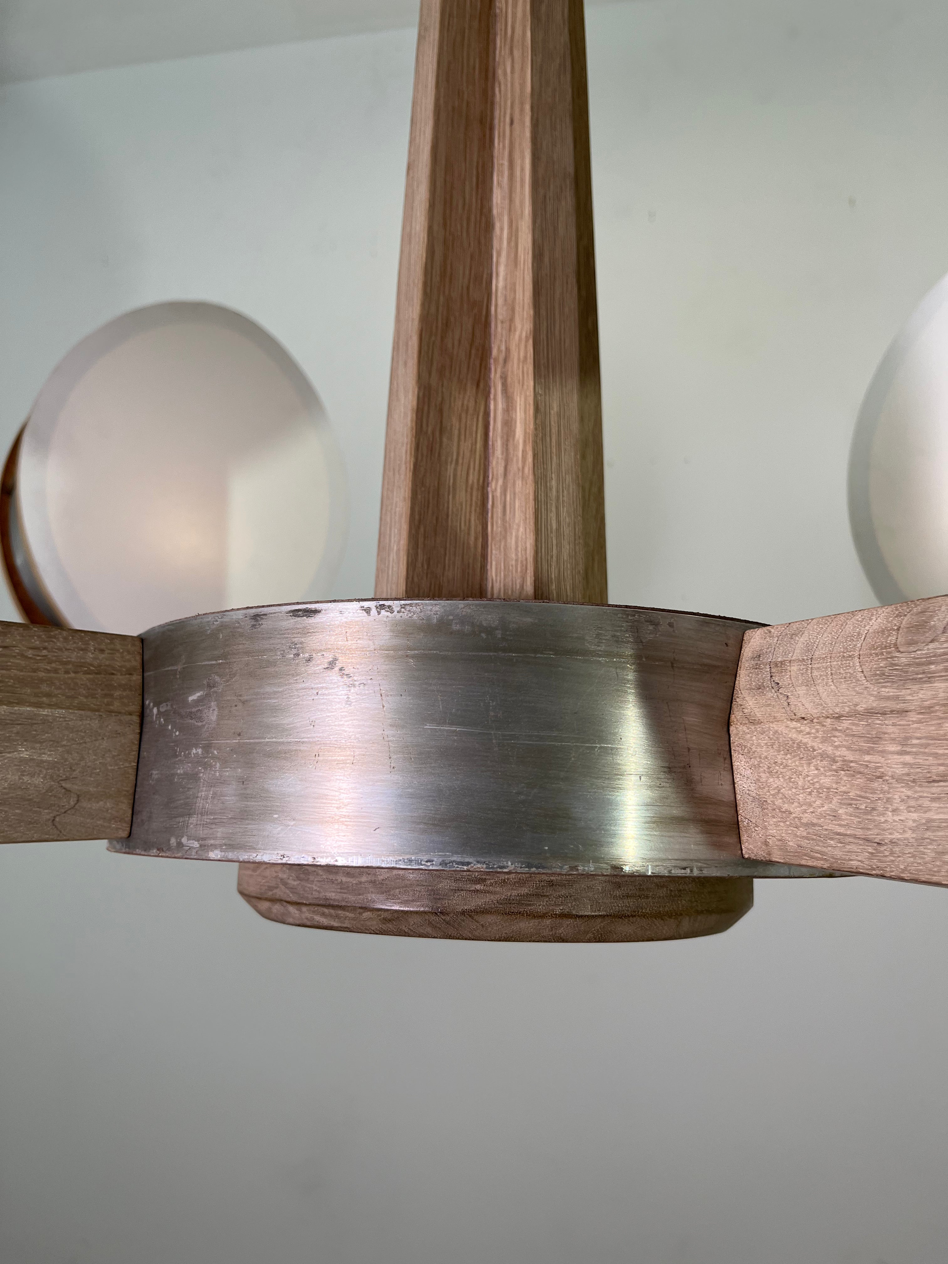Limited Edition Walnut, Brass and Patinated Aluminum Chandelier