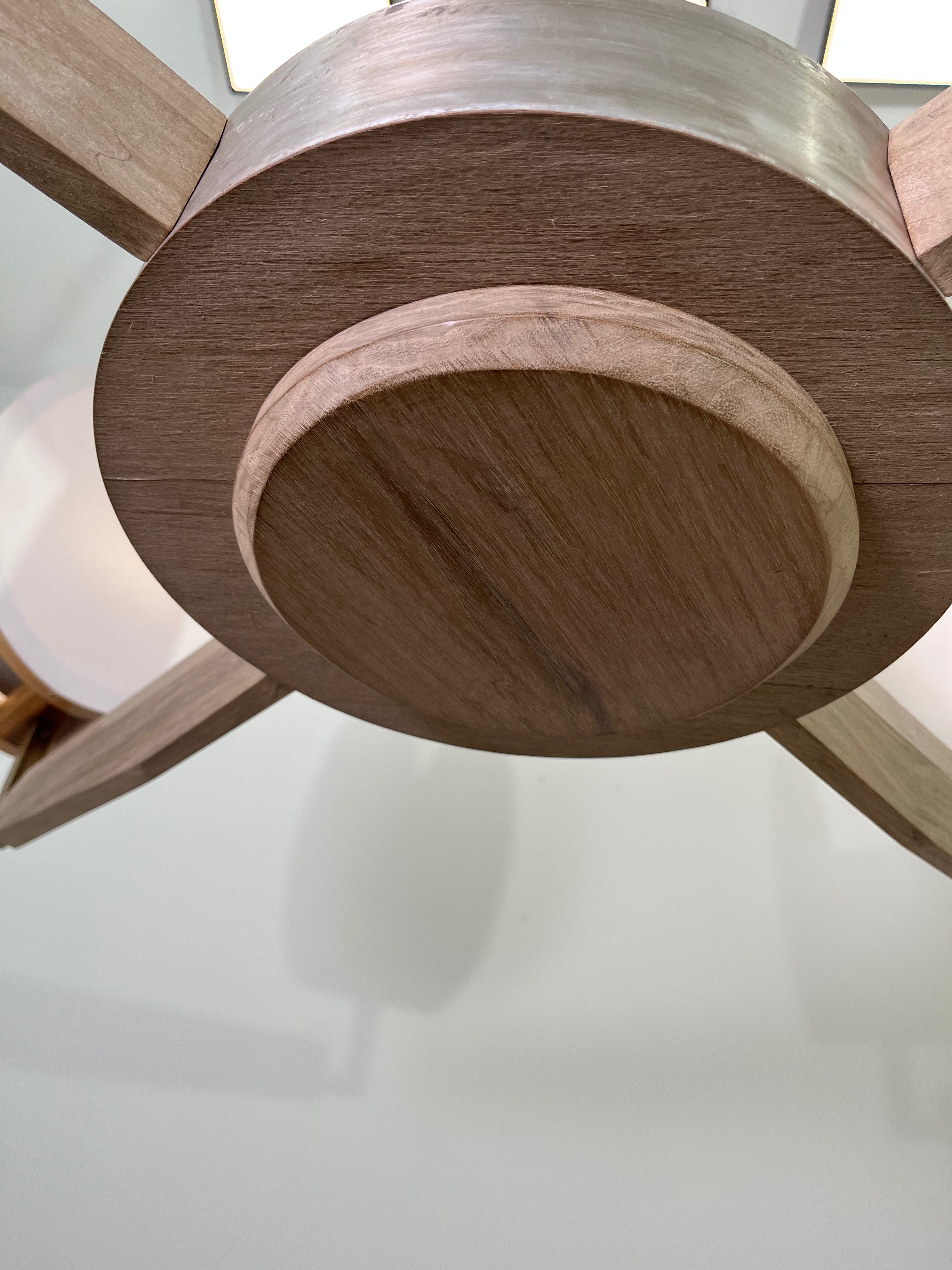 Limited Edition Walnut, Brass and Patinated Aluminum Chandelier