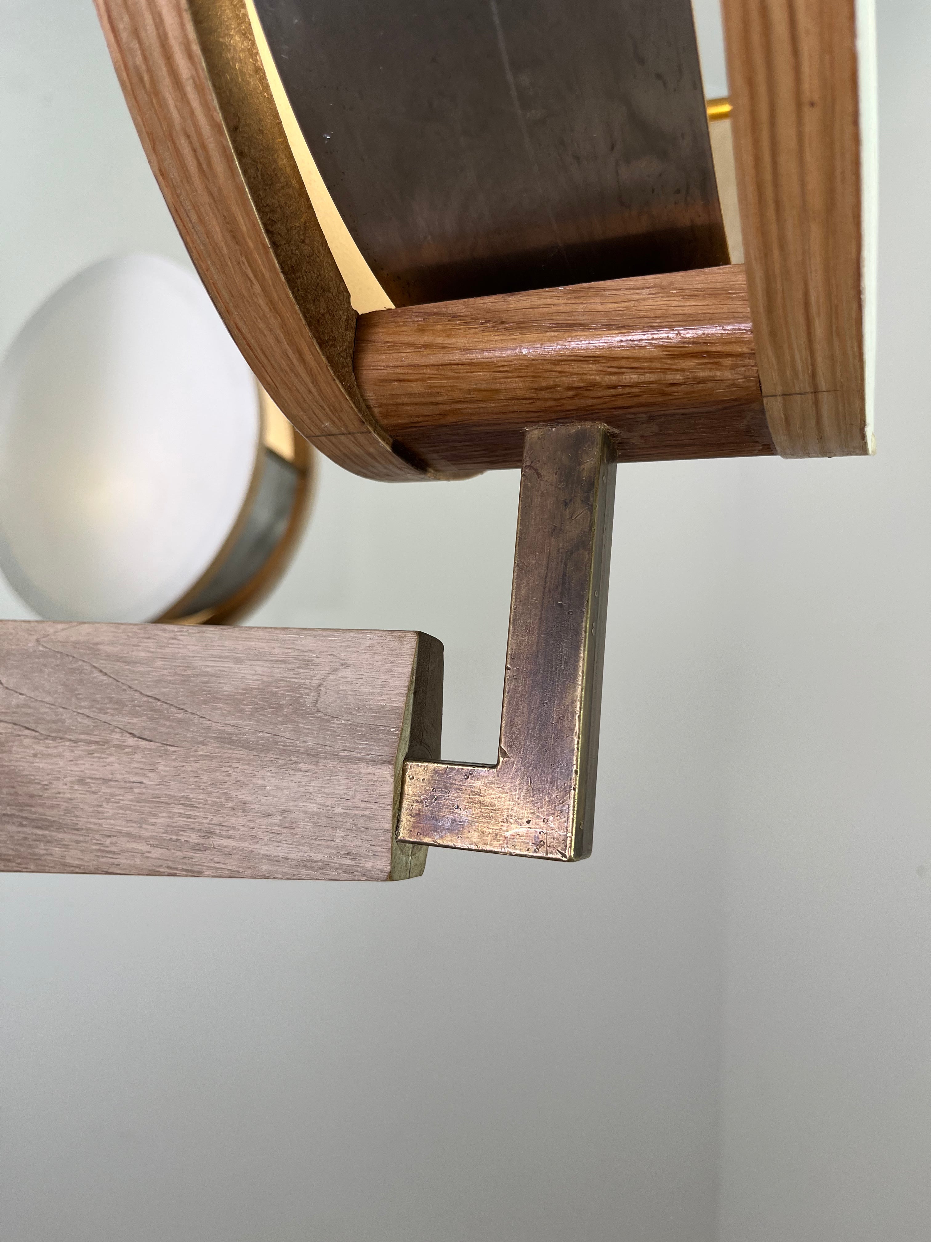 Limited Edition Walnut, Brass and Patinated Aluminum Chandelier