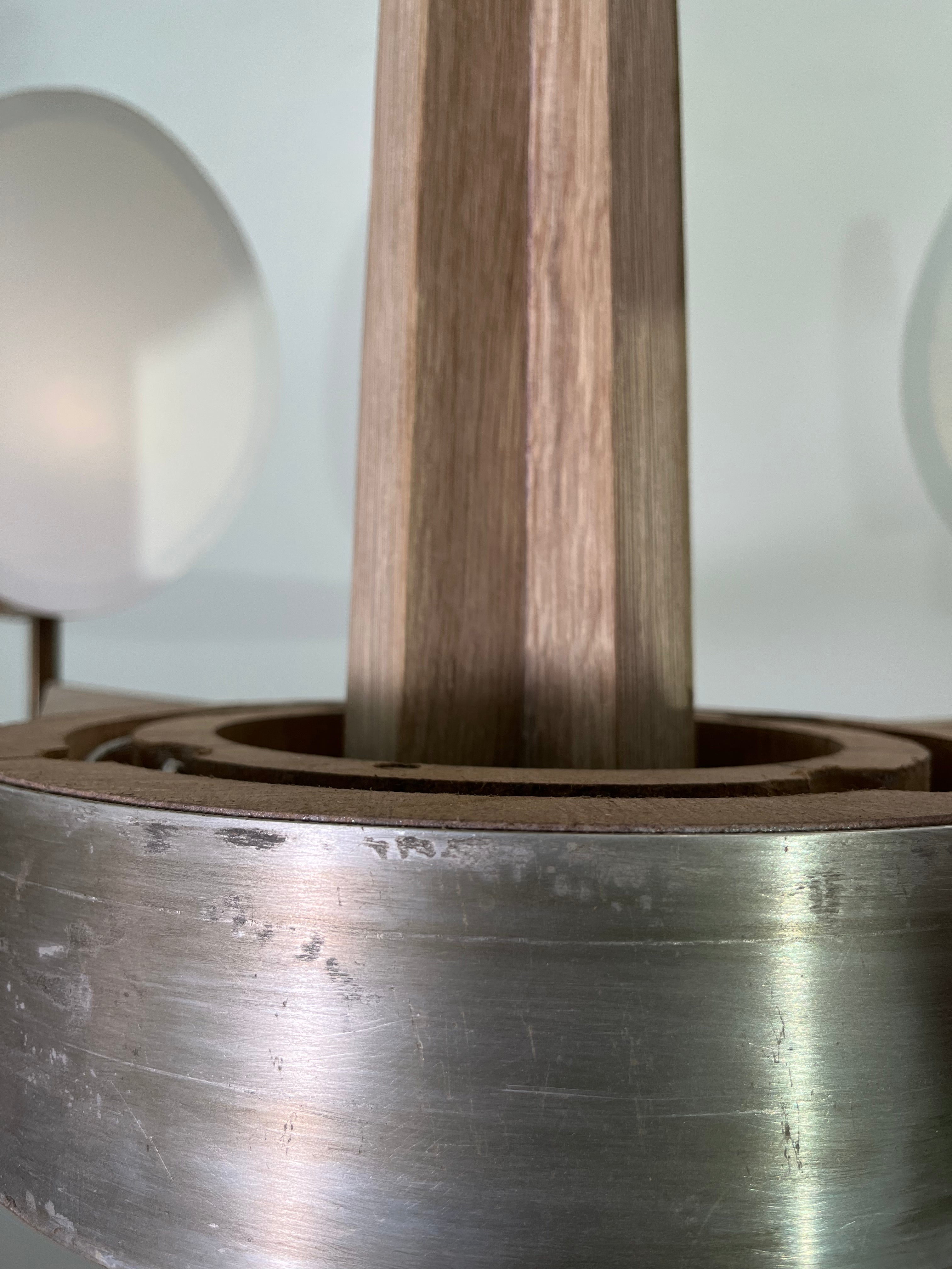 Limited Edition Walnut, Brass and Patinated Aluminum Chandelier