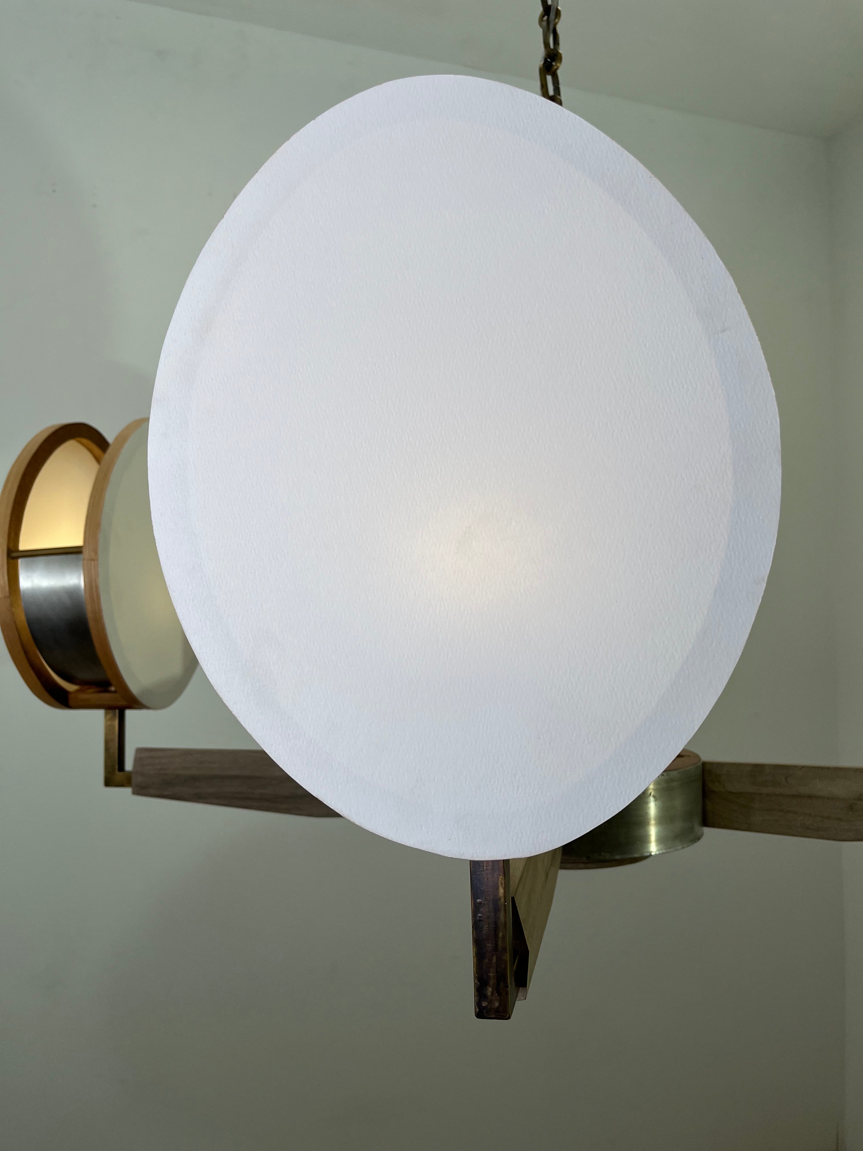 Limited Edition Walnut, Brass and Patinated Aluminum Chandelier