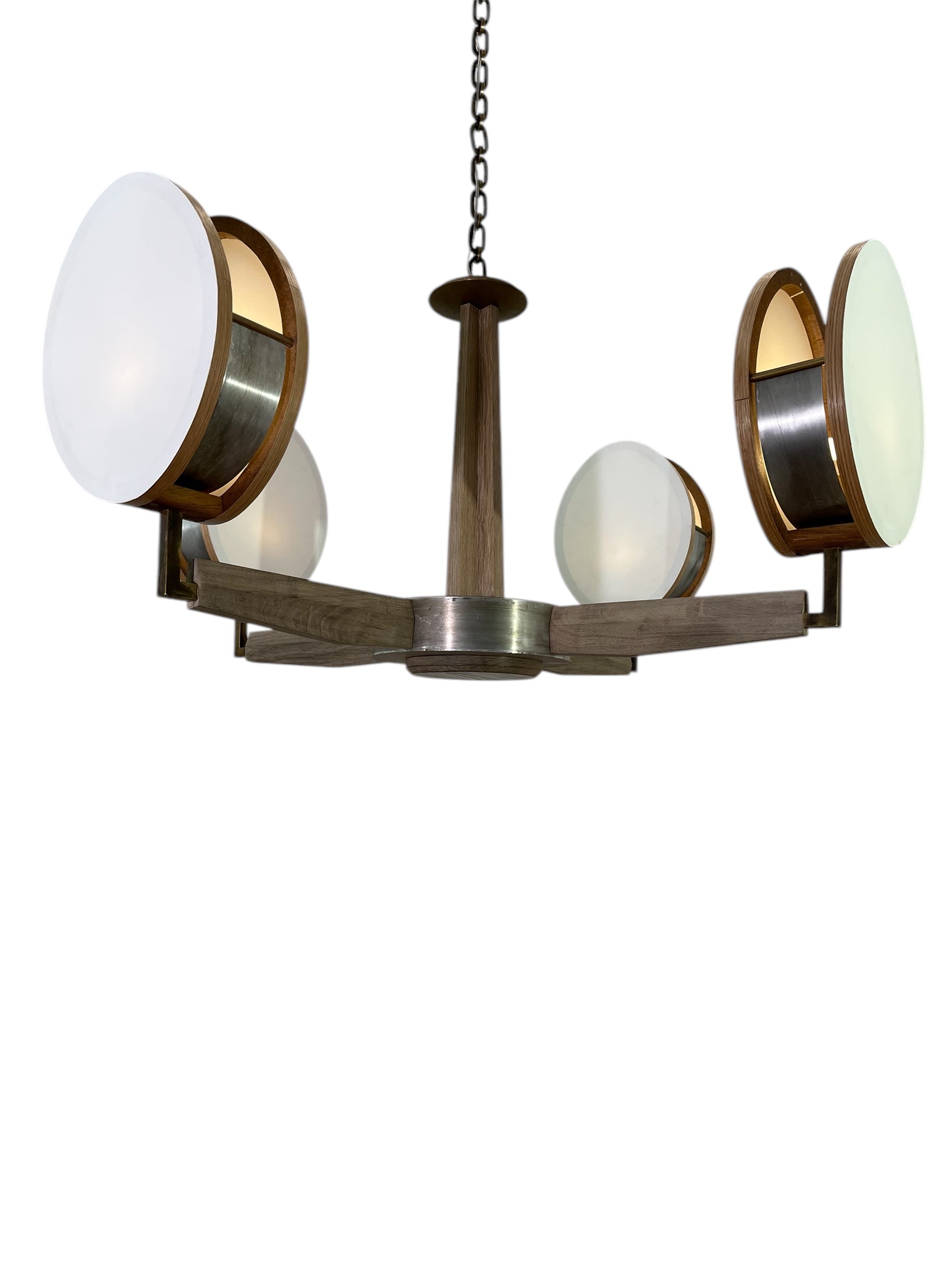Limited Edition Walnut, Brass and Patinated Aluminum Chandelier