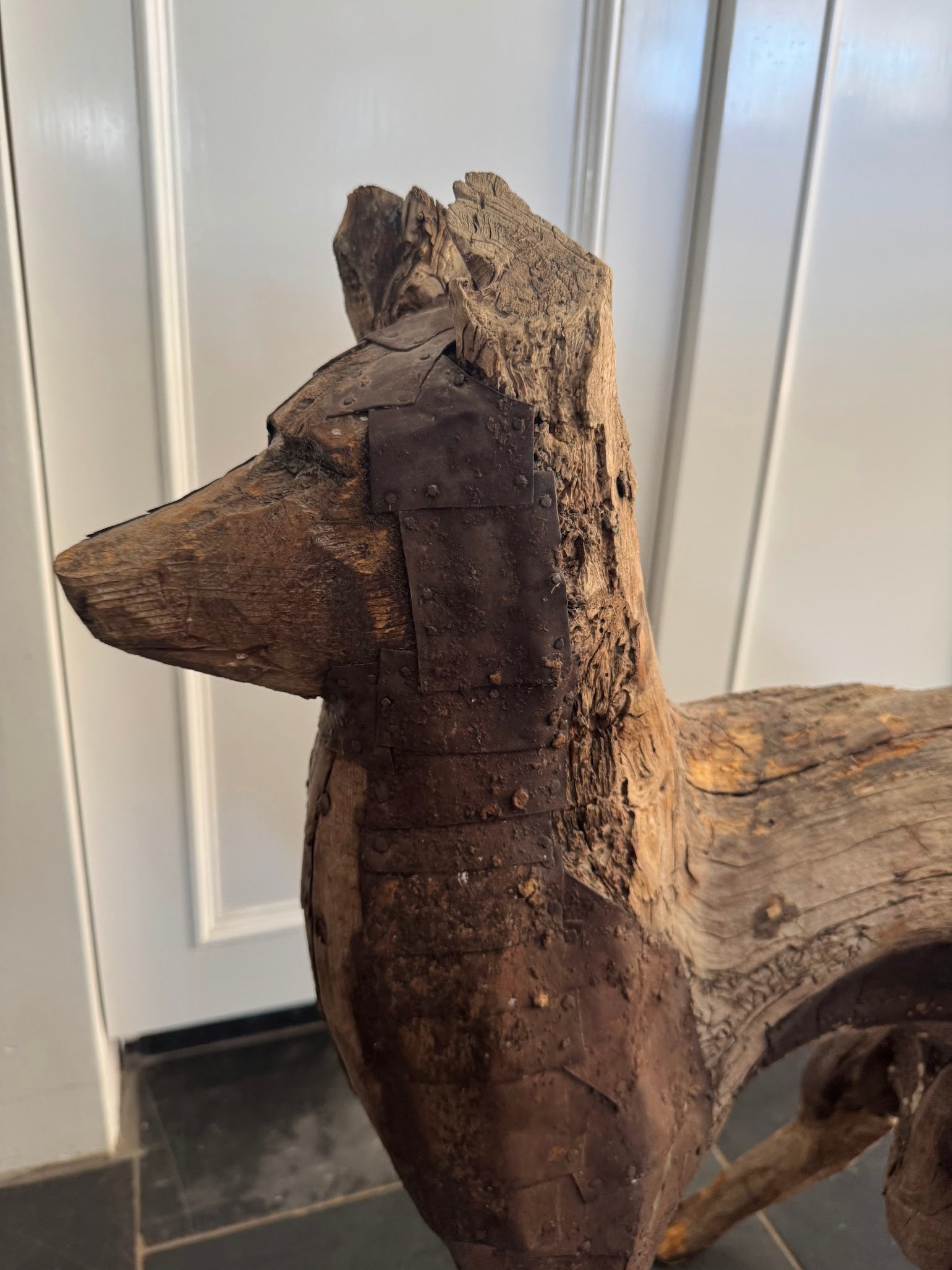 Large French 18th Century Primitive Wood Sculpture of a Dog
