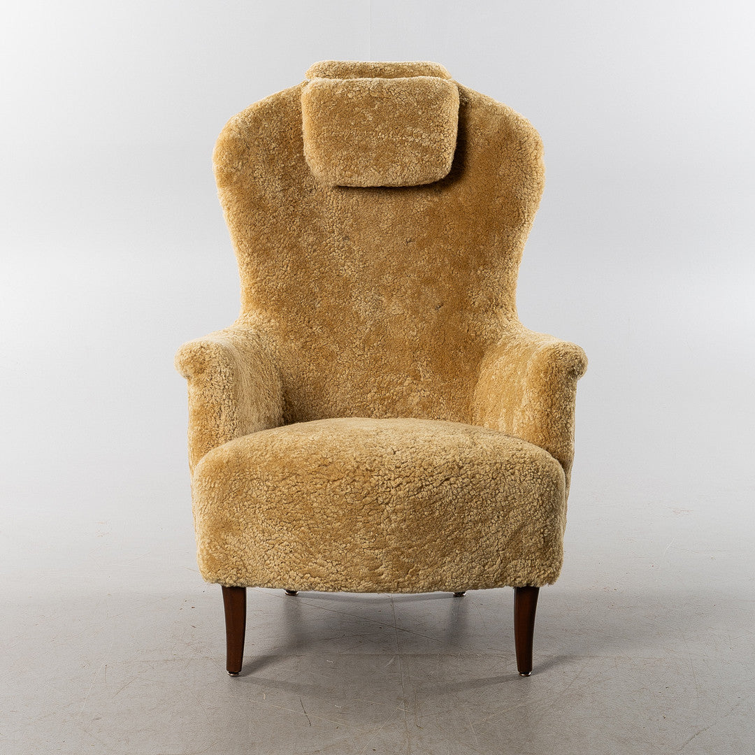 Carl Malmsten "Grandma" Shearling Arm Chair Danish Leather Arm Chair