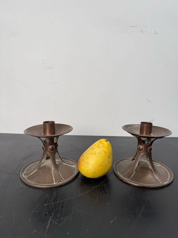 Pair English Arts and Crafts Copper Candle Holders