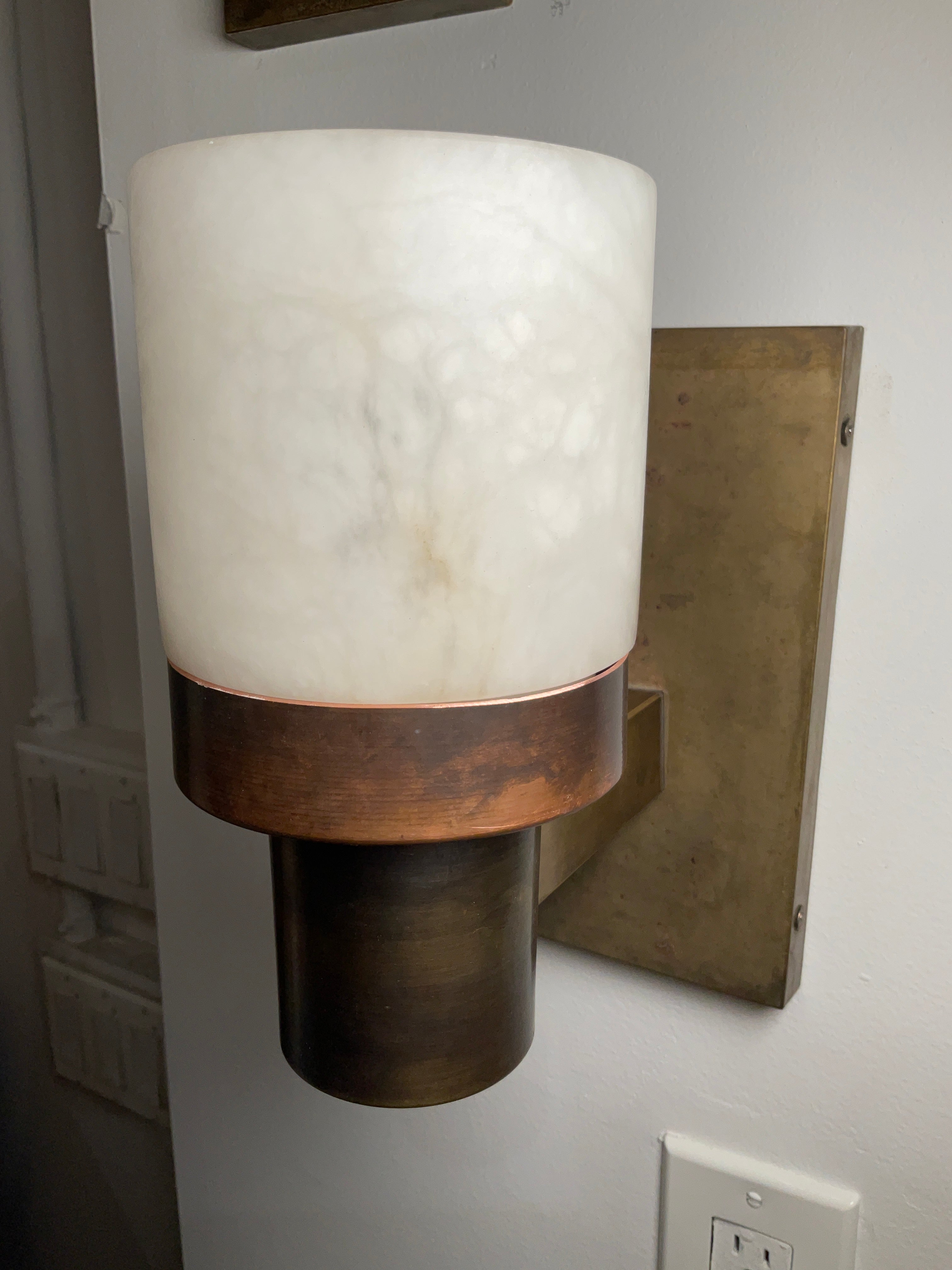 Pair Limited Edition Alabaster and Bronze Sconces