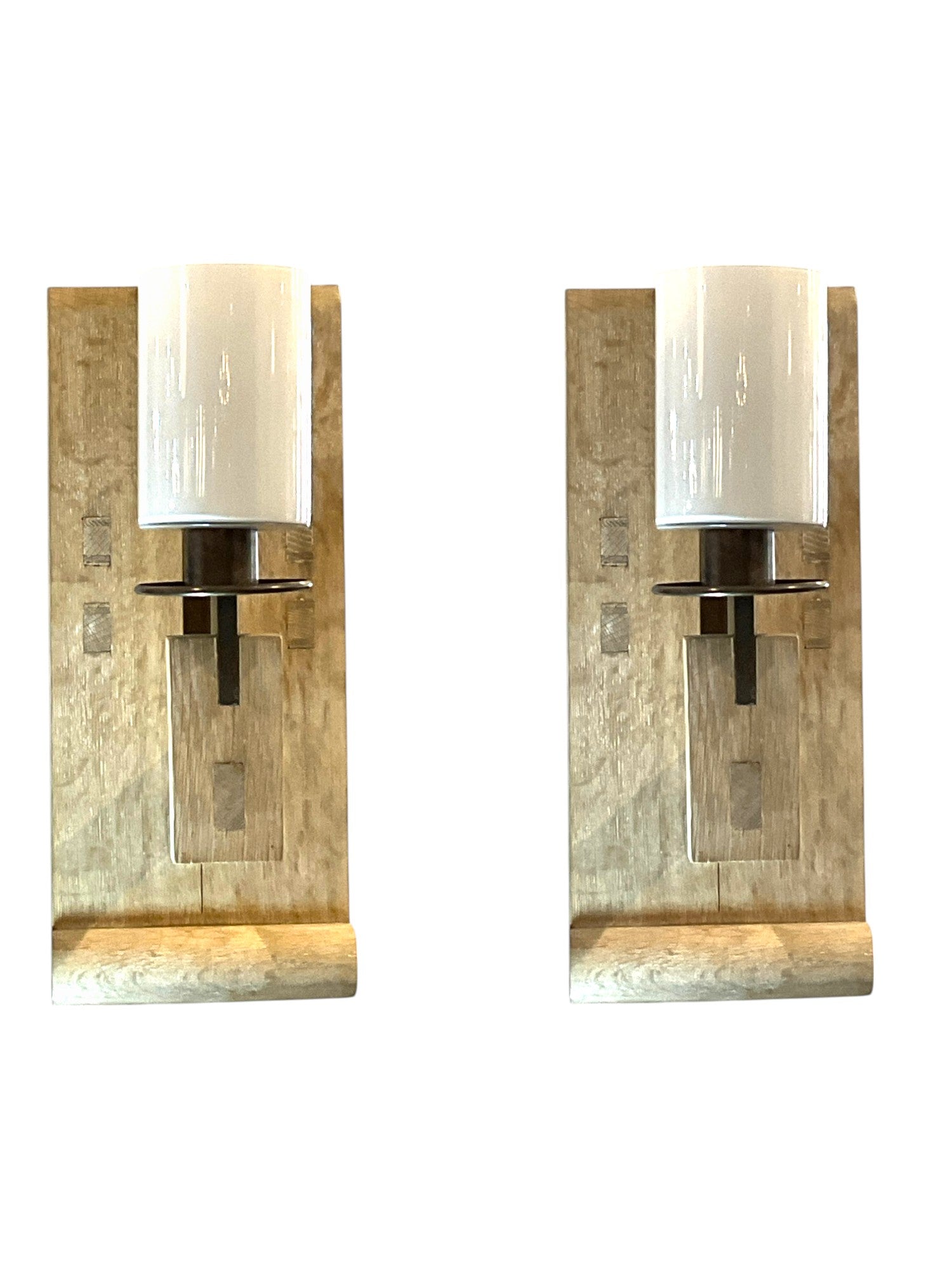 Pair of Limited Edition Solid Oak and Bronze Sconces
