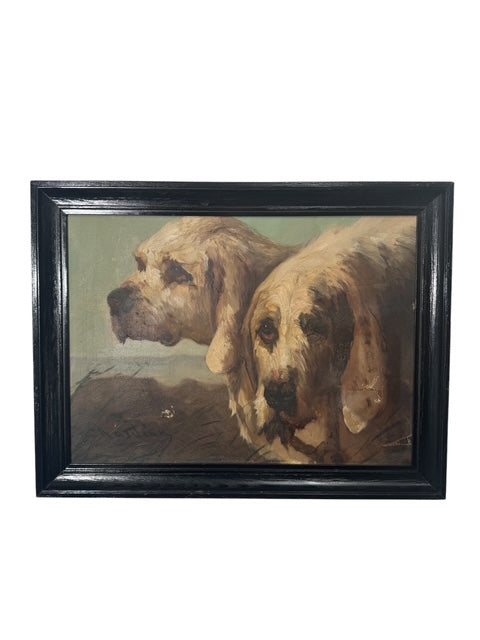English Signed Oil Painting of Two Dogs