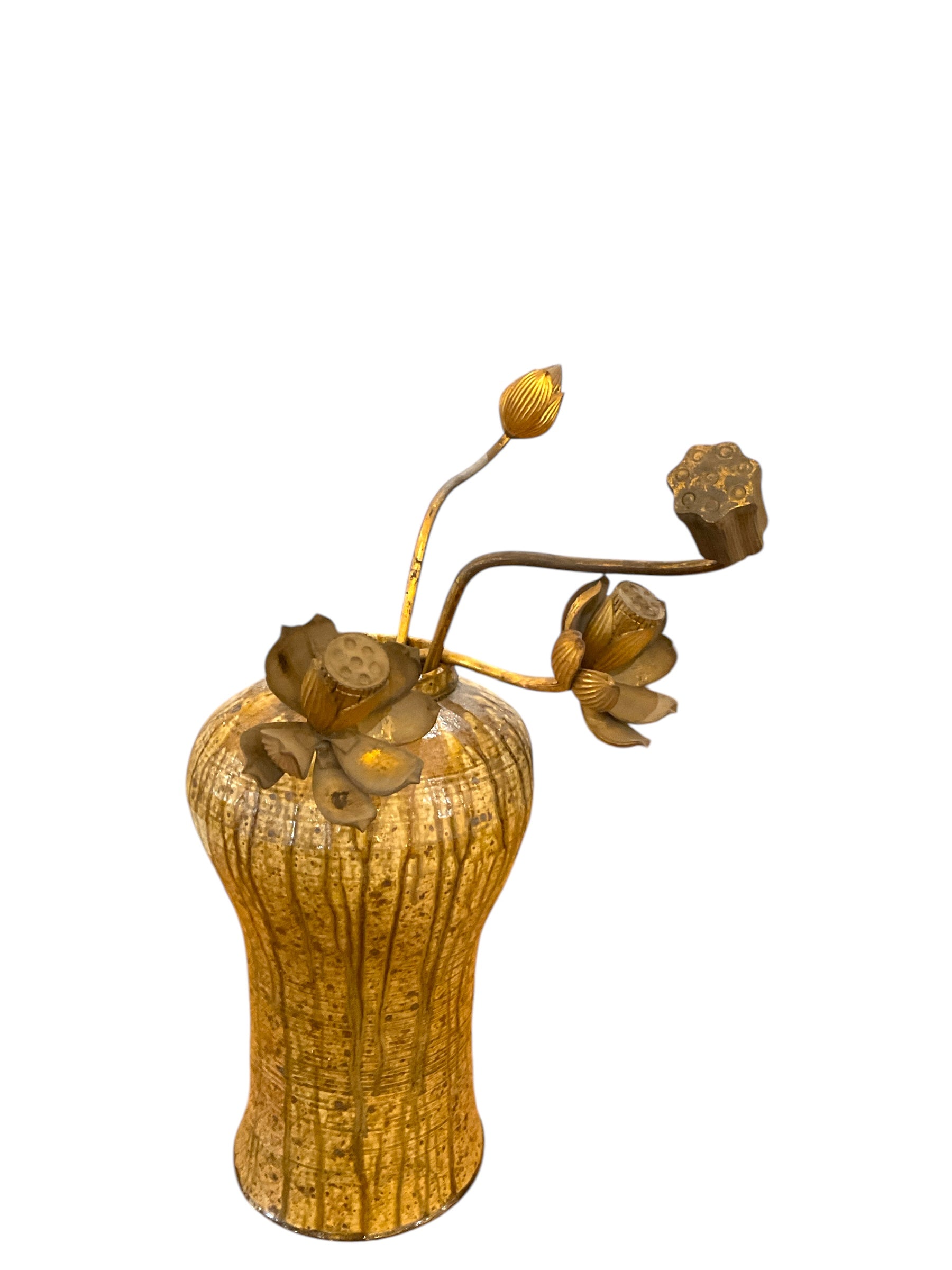 Large Danish Studio Pottery Vase with 19th Century Japanese Wood Carved Flowers