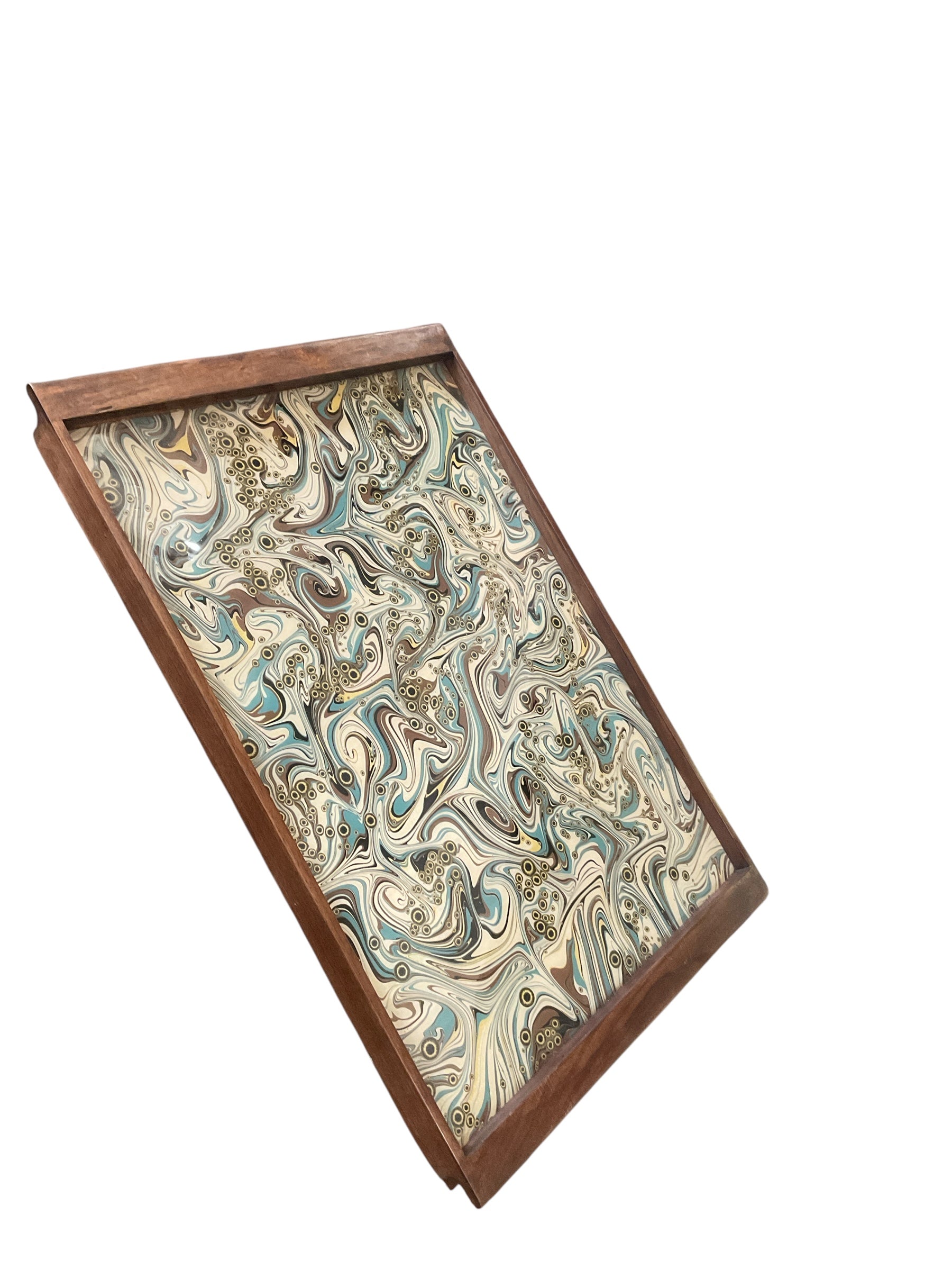Vintage Italian Marbleized Paper Tray with Modern Walnut Frame
