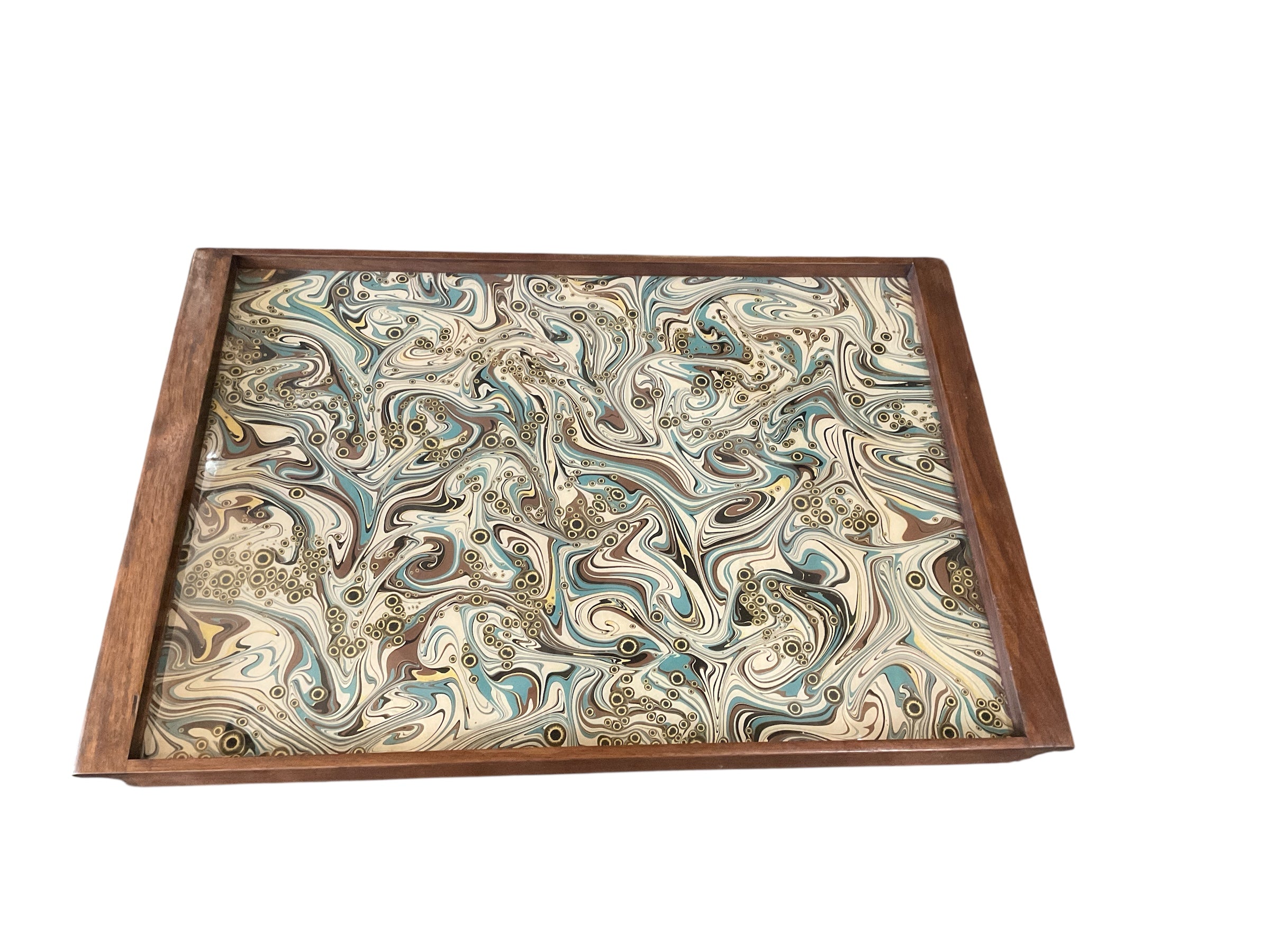 Vintage Italian Marbleized Paper Tray with Modern Walnut Frame