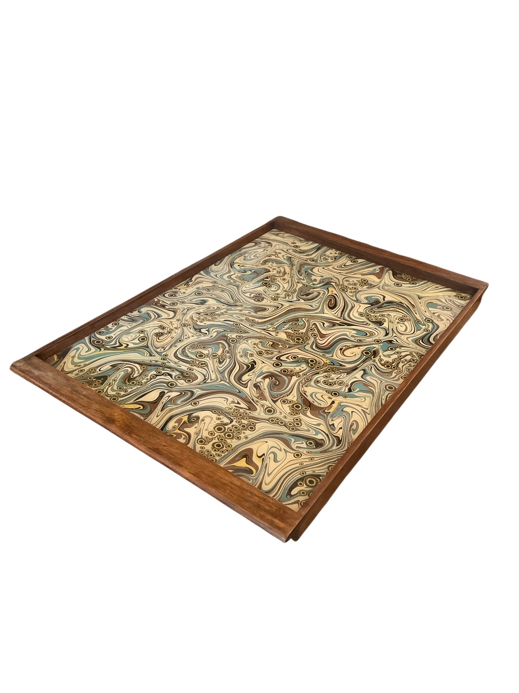Vintage Italian Marbleized Paper Tray with Modern Walnut Frame