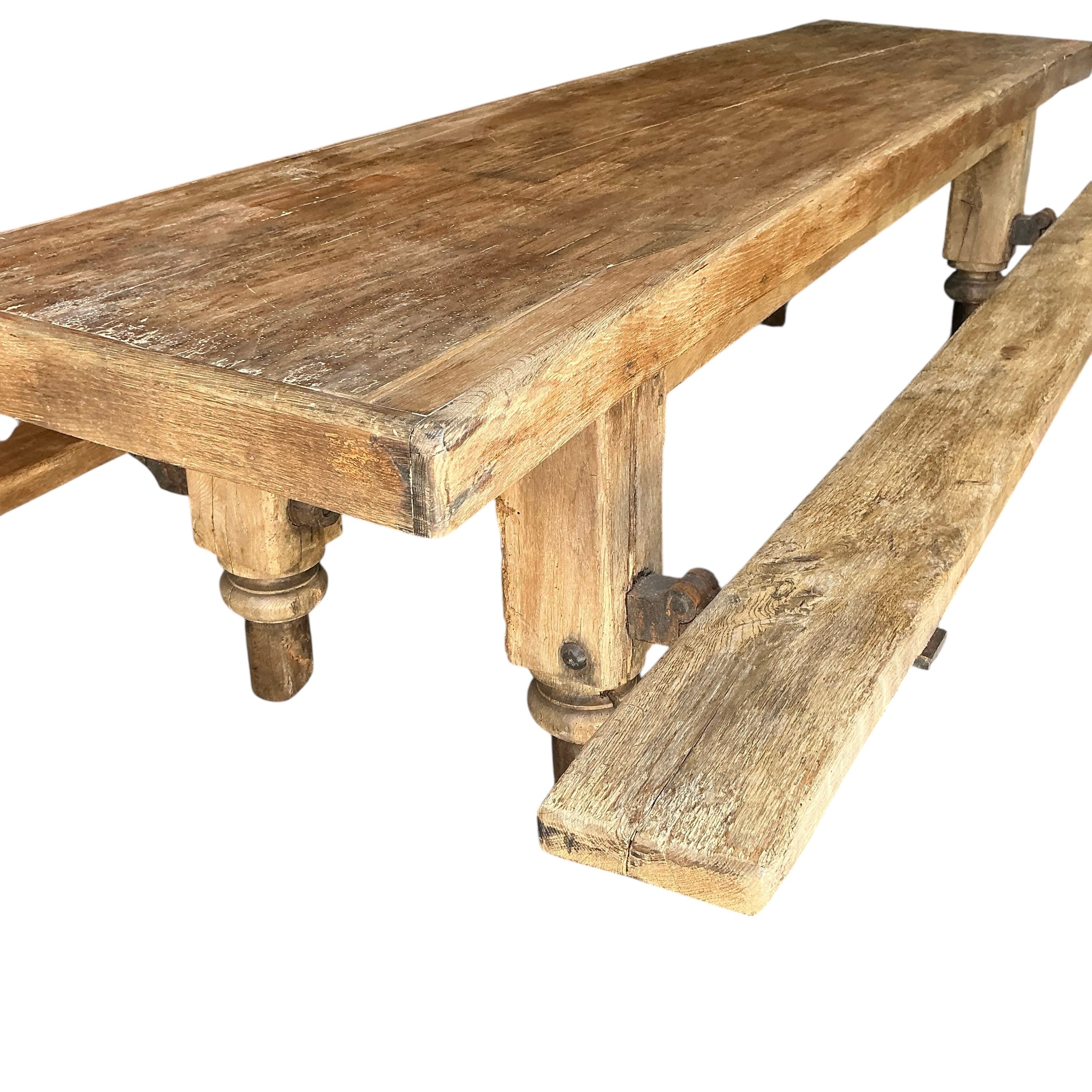 Exceptional 18th Century French Oak Dining Table With Attached Benches