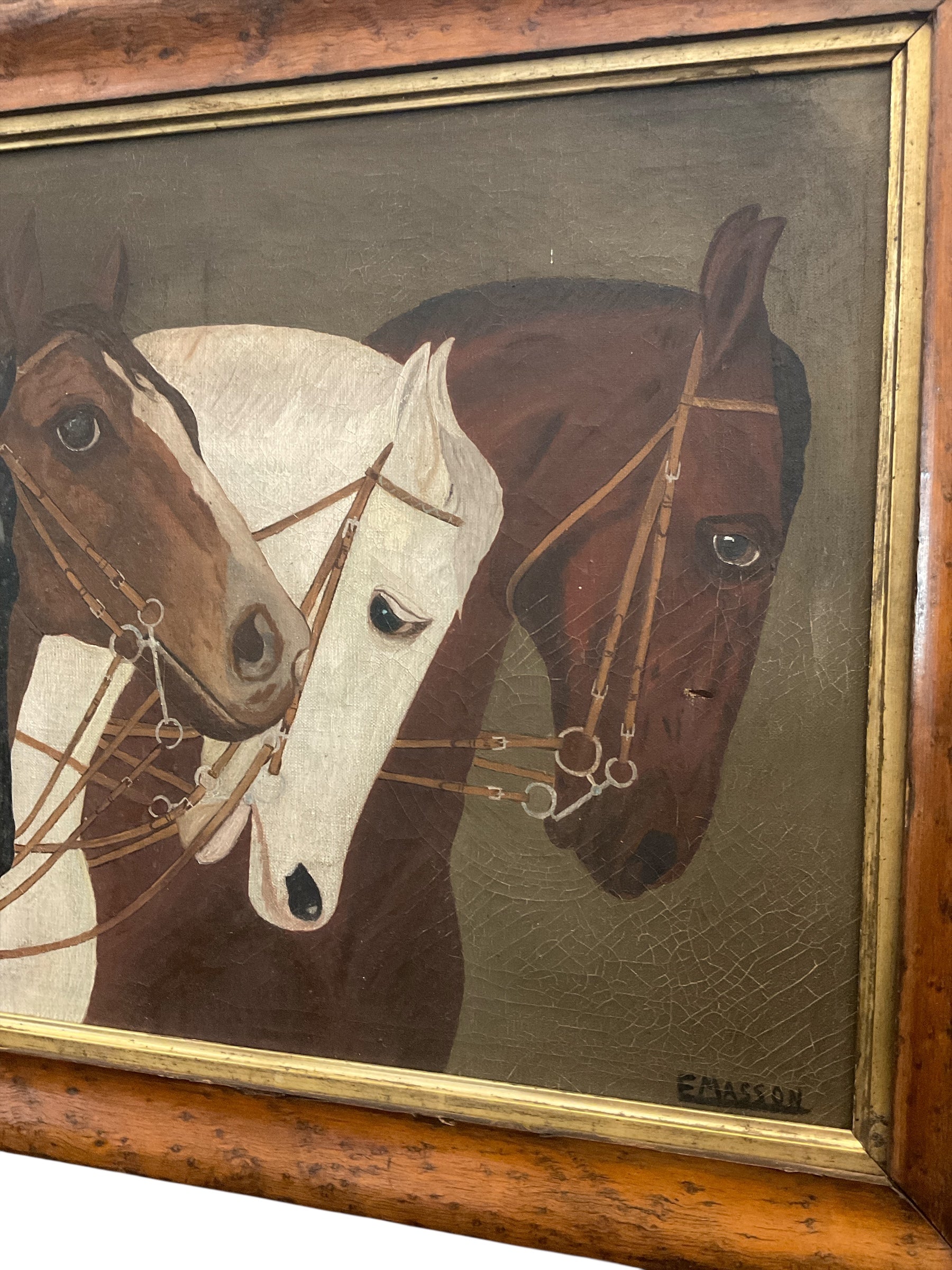 Stunning English Oil Painting Portrait of Four Horses