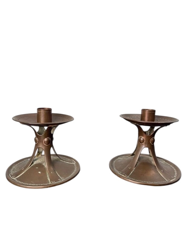 Pair English Arts and Crafts Copper Candle Holders