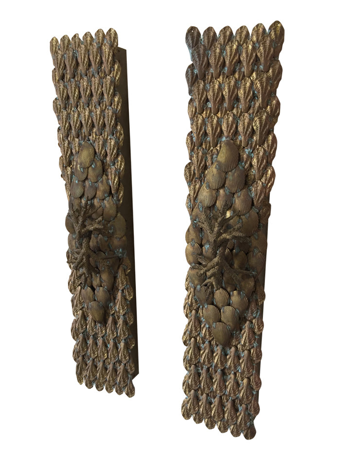 Large Scale Fantastical French Brass Shell Encrusted Sconces