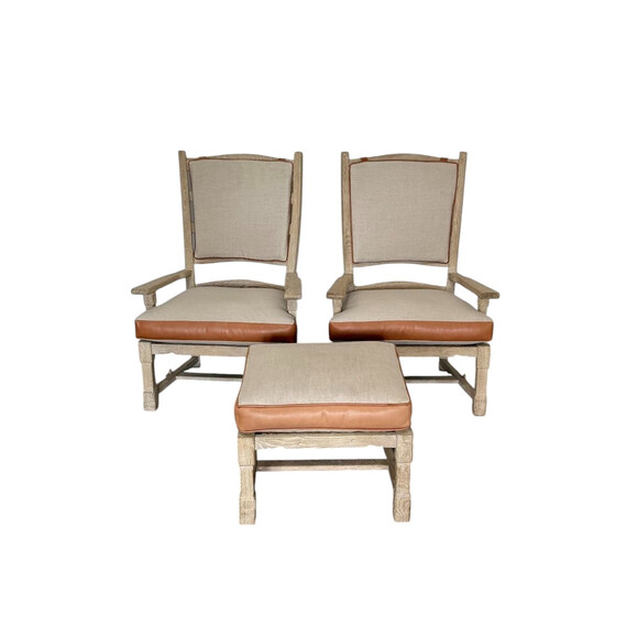 Pair of French Oak Arm Chairs and Ottoman 79006