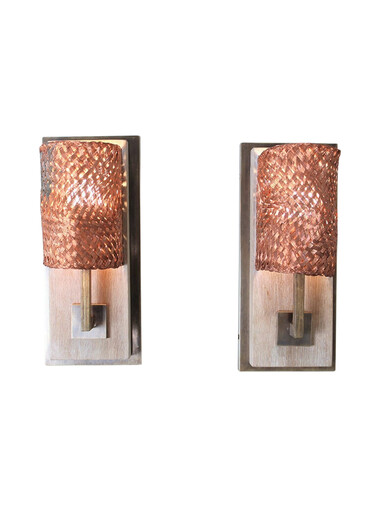 Pair of Limited Edition Vintage Woven Copper Shade Sconces 43696