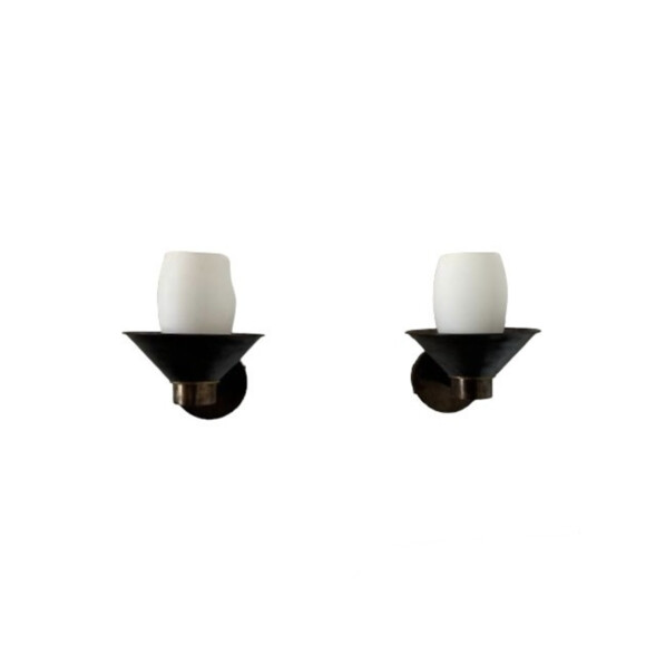 Limited Edition Pair of Bronze and Opaline Glass Sconces 74562