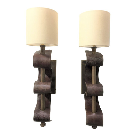 Pair of Lucca Studio Currier Sconces in Bronze and Leather 40747