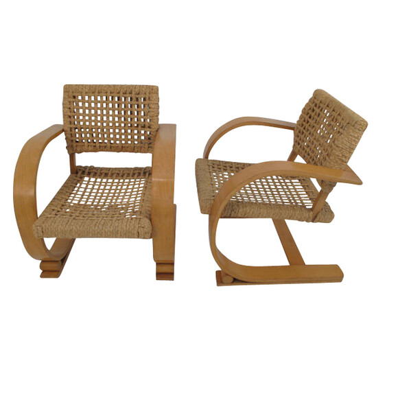 Pair French Woven Rope Arm Chairs 8499