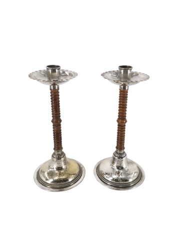 Fine Pair of Arts & Crafts Wooden and Silver Candle Holders 67659