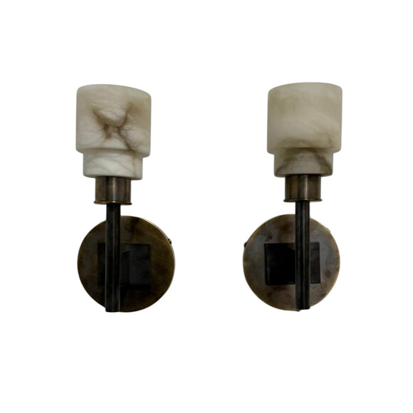 Lucca Studio Pair of Georgie Alabaster and Bronze Sconces 77765