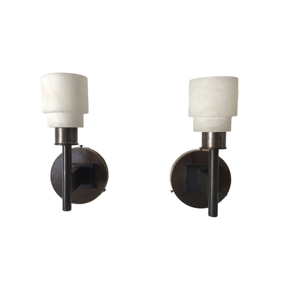 Lucca Studio Pair of Georgie Alabaster and Bronze Sconces 76094