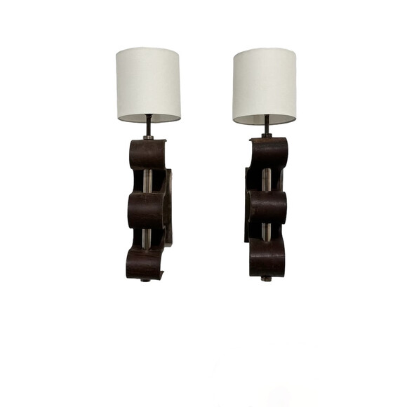 Pair of Lucca Studio Currier Sconces in Bronze and Leather 61792