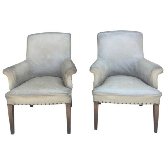 Pair of English Grey Leather Arm Chairs 65401