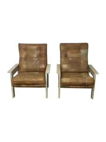 Pair of Limited Edition Oak and Vintage Leather Arm Chairs 46176