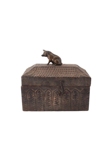 Primitive Wood Box with Bronze Pig Finial 49544
