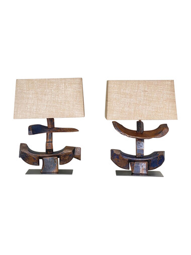 Pair of Limited Edition 18th Century Wood Element Lamps with Custom Burlap Shades 47235