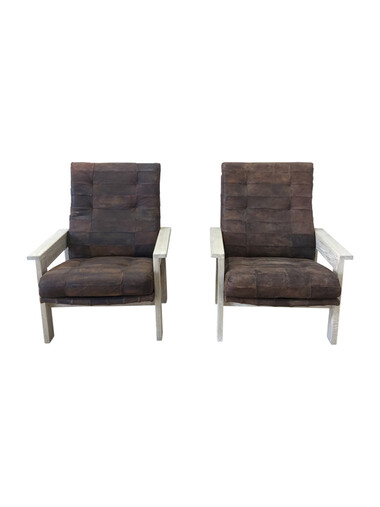 Pair of Limited Edition Oak and Vintage Leather Arm Chairs 38122
