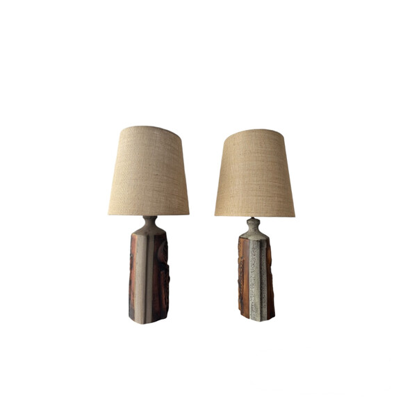 Pair of Studio Ceramic Lamps with Custom Burlap Shades 75362