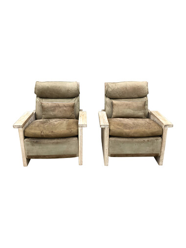 Limited Edition Pair of Leather and Oak Armchairs 35674