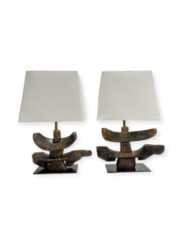 Pair of 18th Century Wood Element Lamps with Custom Shades 57433