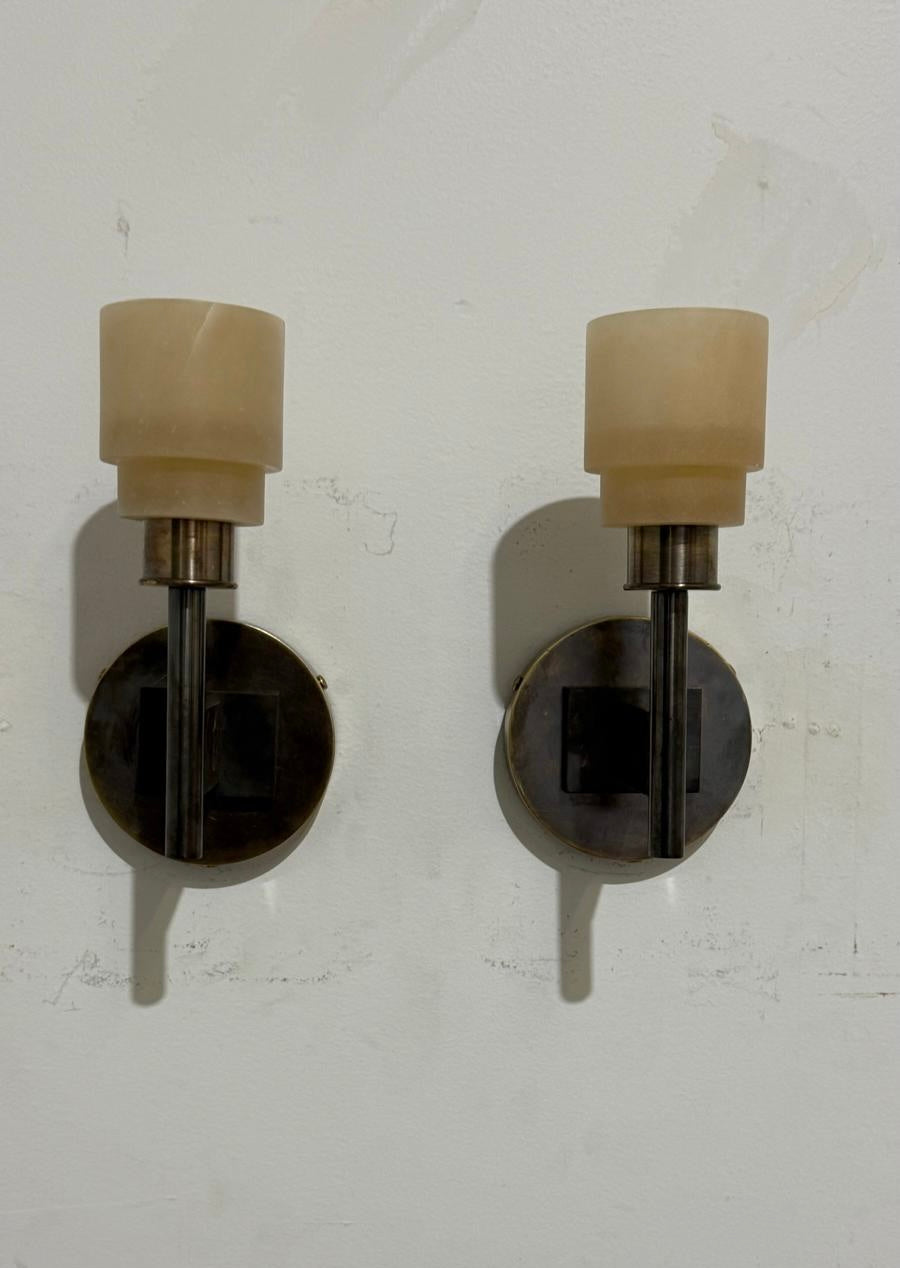 Lucca Studio Pair of Georgie Alabaster and Bronze Sconces