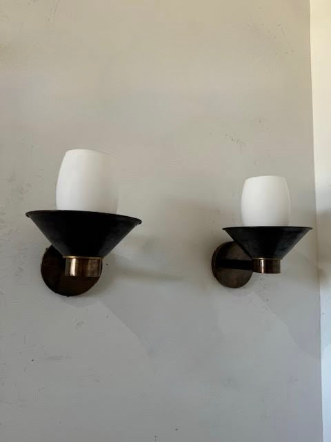 Limited Edition Pair of Bronze and Opaline Glass Sconces