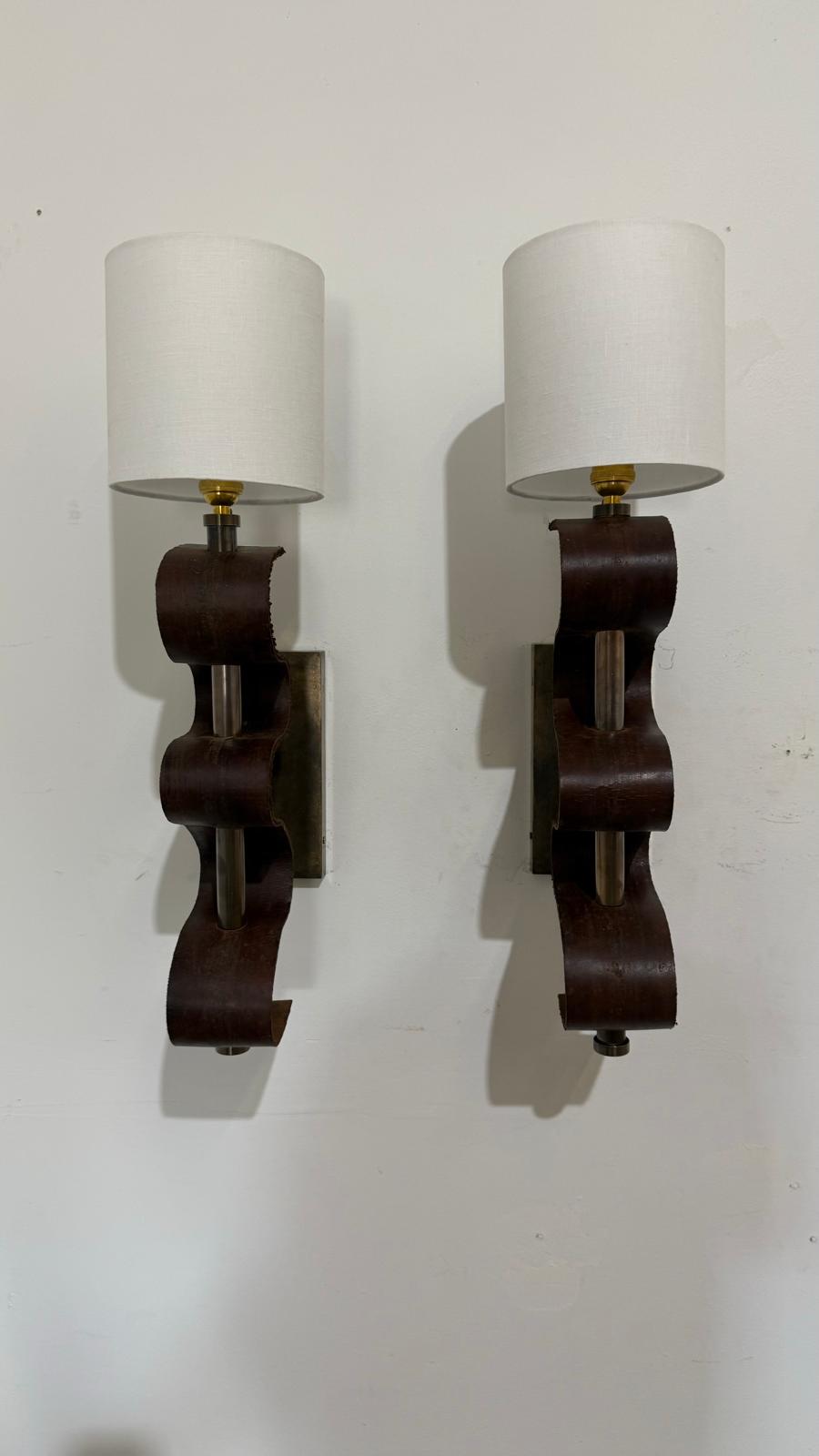 Pair of Lucca Studio Currier Sconces in Bronze and Leather