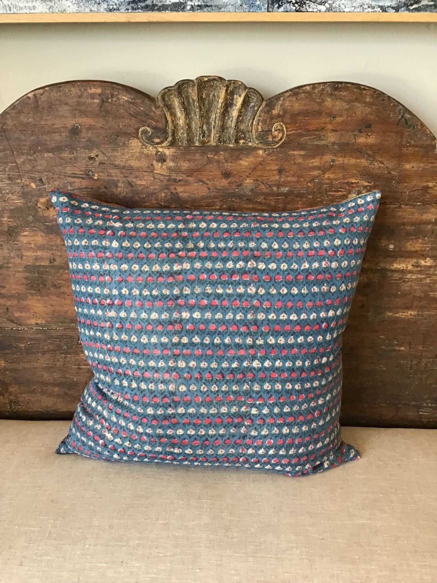 Limited Edition Antique Wood Block and Striped Textile Pillow