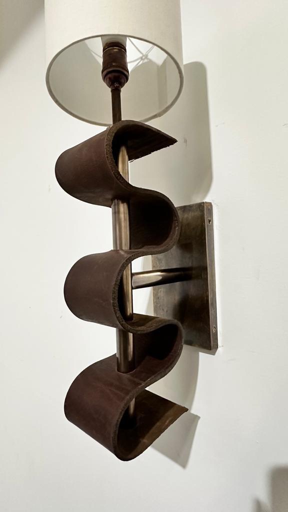 Pair of Lucca Studio Currier Sconces in Bronze and Leather