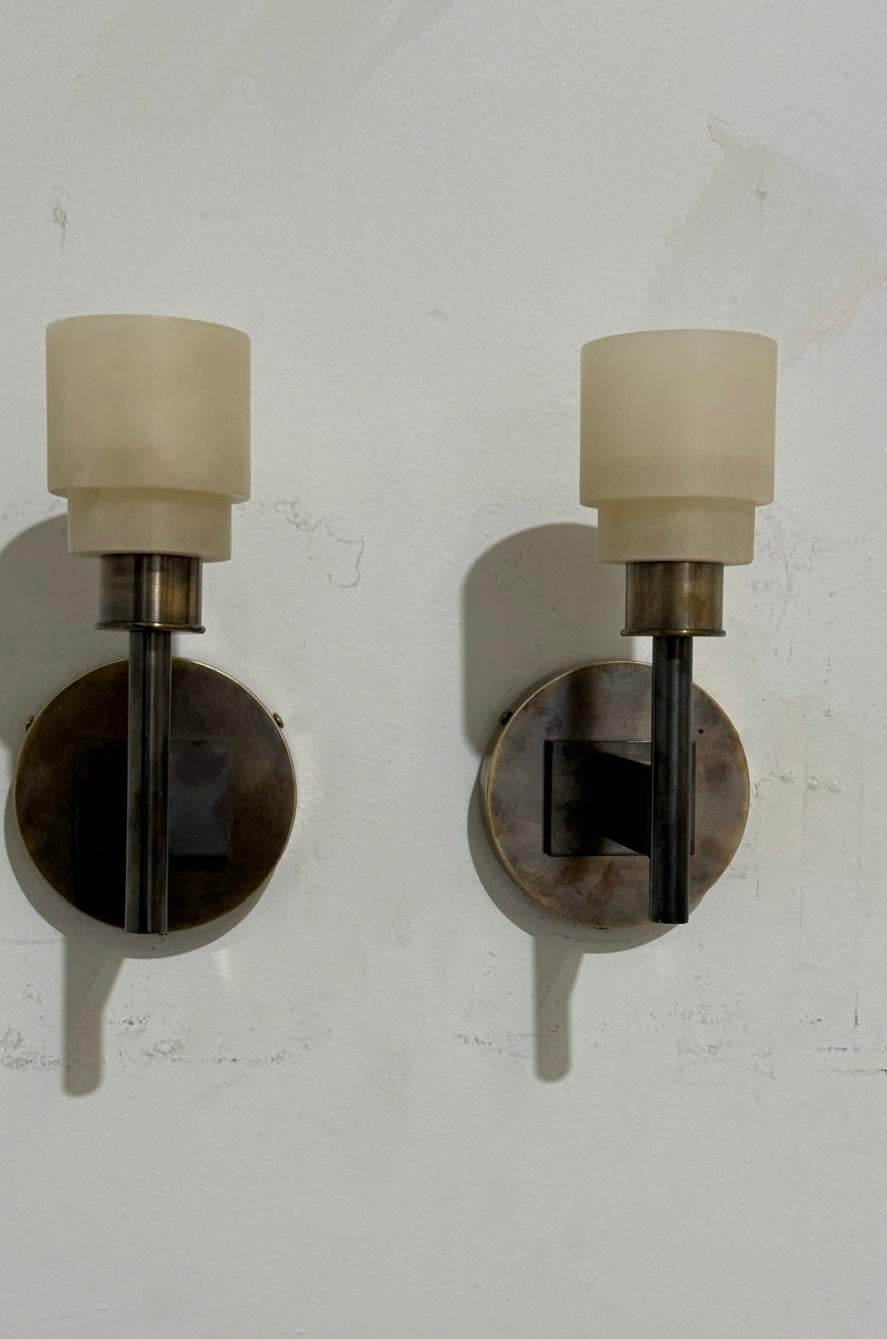 Lucca Studio Pair of Georgie Alabaster and Bronze Sconces