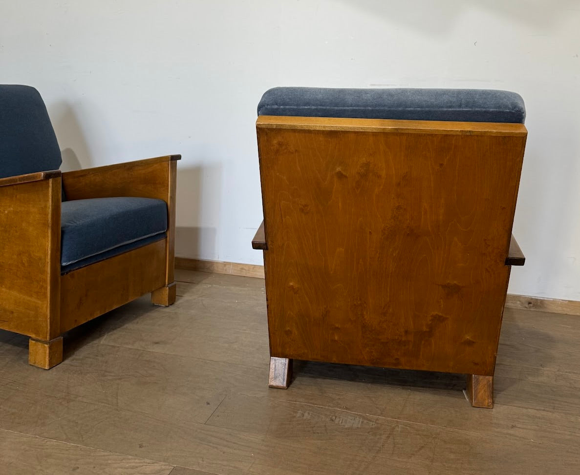 Pair of Swedish 1930's Burl Wood  Arm Chair in Italian Mohair