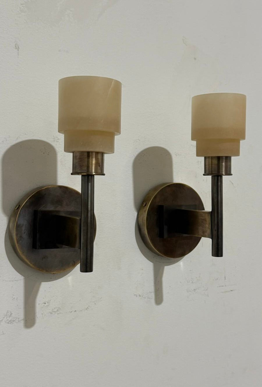 Lucca Studio Pair of Georgie Alabaster and Bronze Sconces