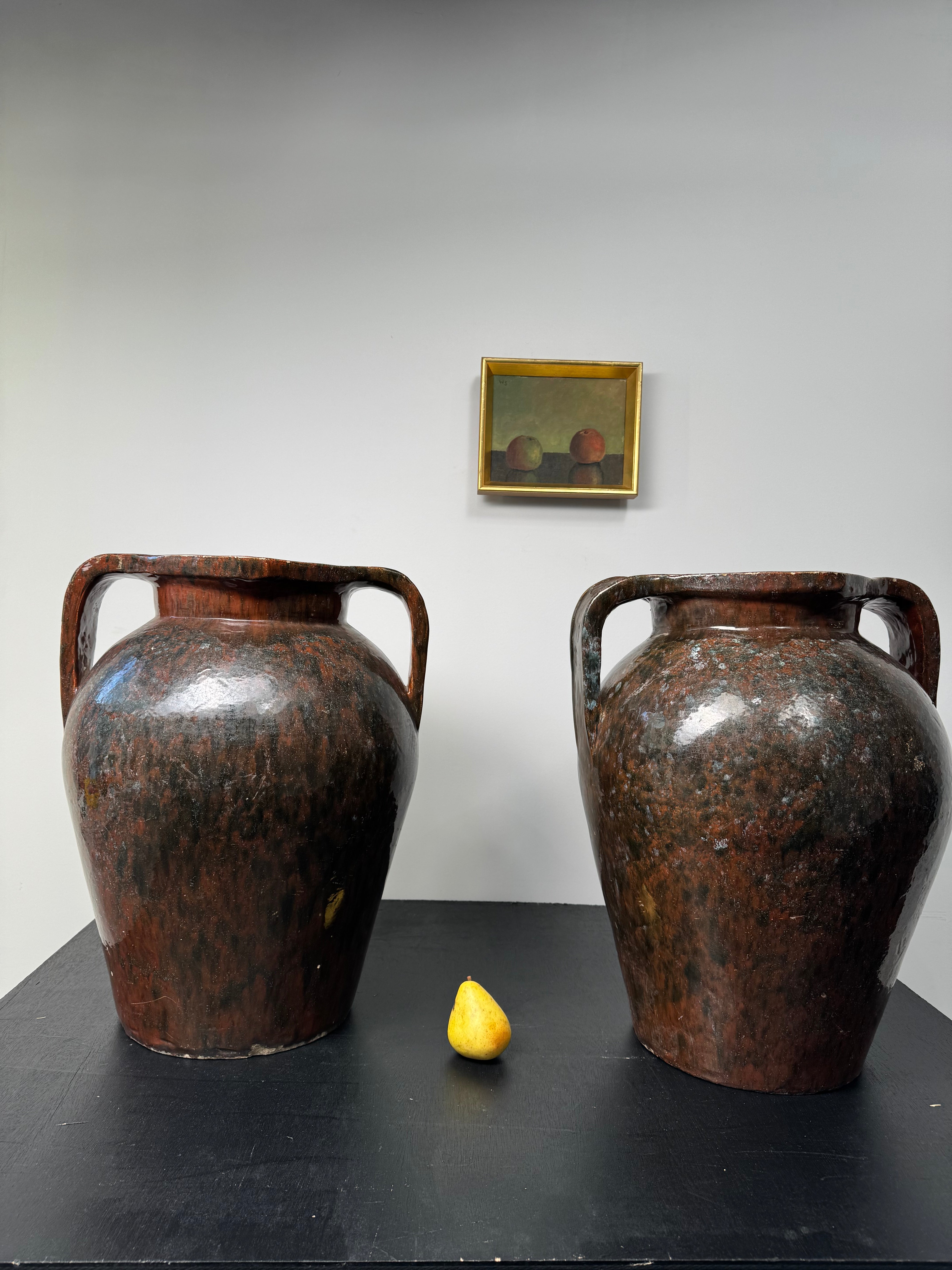 Massive Pair Majolica Art Deco Handled Pots