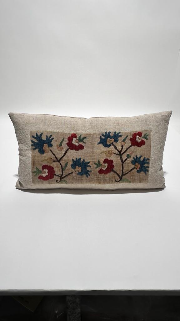 18th Century Turkish Embroidery Silk and Linen Textile Pillow